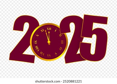 Vektorgrafik von Happy New Year 2025 Text mit Uhr auf transparentem Hintergrund