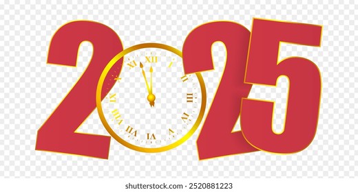 Vektorgrafik von Happy New Year 2025 Text mit Uhr auf transparentem Hintergrund