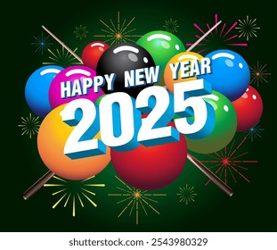 Vector illustration of Happy New Year 2025 with snooker ball background.