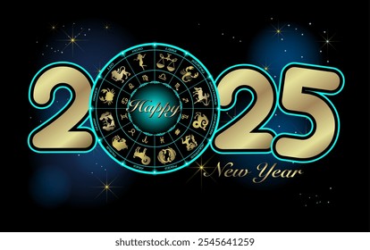Ilustração vetorial de Feliz Ano Novo 2025 com signo zodíaco.