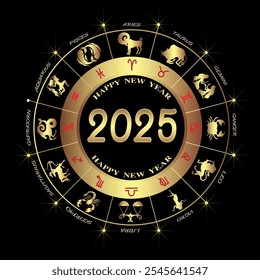 Vector illustration of Happy New Year 2025 with Zodiac sign.