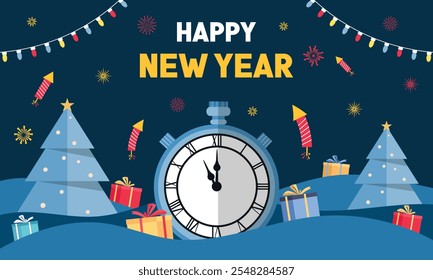 Vetor Ilustração Feliz ano novo fundo Ano Novo 2025 Countdown relógio Ano Novo celebração