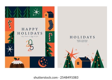 Vector illustration. Happy New Year and Merry Christmas. Set of postcards, covers, banners, packages, posters. Modern design. Holidays.