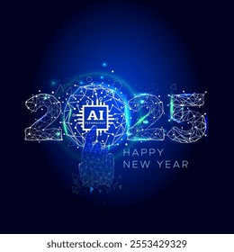 Vector illustration of Happy new year 2025 with futuristic digital world - Ai brain, artificial intelligence technology. 2025-Start, enable and connect to ai technology concept.