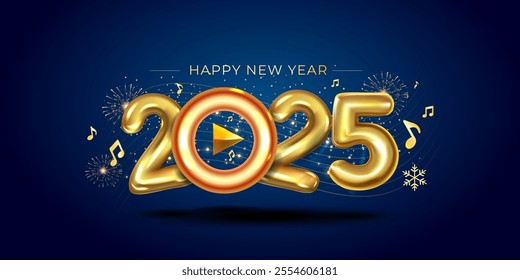 Vector illustration for Happy New Year 2025 Logo, 3d number design with fun music celebration and fireworks background.