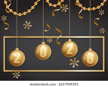 Ilustración vectorial de Feliz Año Nuevo 2026 Colores oro y negro Lugar para bolas de Navidad de texto