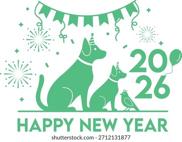Ilustración vectorial para Feliz Año Nuevo 2026. Presenta siluetas verdes de perros, un cachorro y un pájaro celebrando con sombreros de fiesta, bunting y fuegos artificiales.
