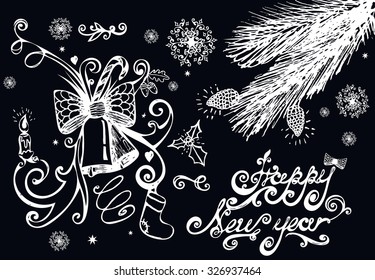 Vector illustration. Happy New Year Hand Lettering. Hand drown doodle.