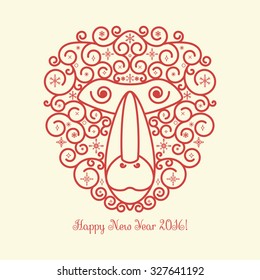 Vector illustration of Happy New Year 2016 card. Head of the monkey. A symbol of 2016 year. Trendy thin line style.