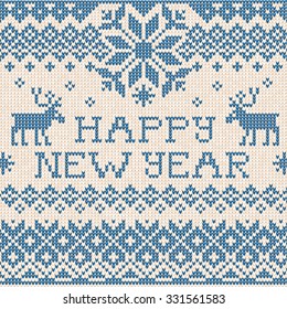 Vector illustration Happy New Year: Scandinavian or russian style knitted embroidery pattern with borders. White, blue, colors. Flat style