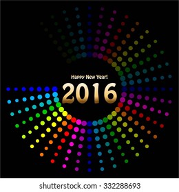 Vector illustration of Happy New Year 2016! Gold text, bright, rainbow-colored pattern on a black background.