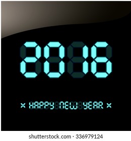 Vector illustration. Happy New Year 2016 greeting card. New year poster, greeting card, banner or party invitation. Number 2016 on a digital liquid crystal display. Font bright colored blue version.