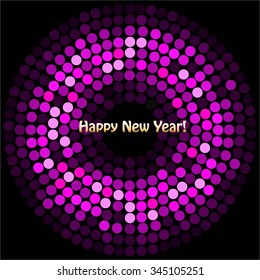 Vector illustration of Happy New Year! Pink ball on a black background.