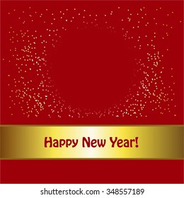 Vector illustration of Happy New Year! Sparkles on a red background. Gold ribbon.