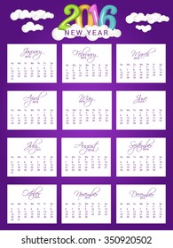 Vector Illustration of  happy new year Calendar for 2016.