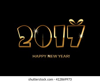 Vector illustration Happy New Year 2017 on a dark black background gold gloss and tsyfry in retro style with a gift bow