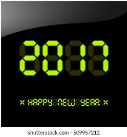 Vector illustration. Happy New Year 2017 greeting card. New year poster, greeting card, banner or party invitation. Number 2017 on a digital liquid crystal display. Font bright colored green version.
