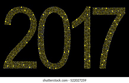 Vector illustration Happy New Year 2017. Black background with gold symbols. Text Design vector. Shape of number 2017. Calendar template. Greeting card. 