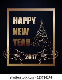 vector illustration happy new year 2017 gold and black colors with space for text in frame with tree