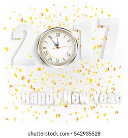 Vector illustration of Happy New Year for 2017 with clock and golden confetti