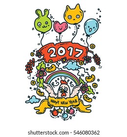 Vector Illustration of Happy New Year 2017 Greeting Card. Rooster Year. Doodle Style
