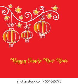 Vector illustration of happy new year card with eight fortunate red chinese lanterns and typography greeting text on traditional Chinese
