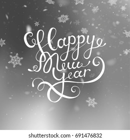 Vector illustration Happy New Year. Blurred blue background. Falling snow. Wallpaper. lettering Greeting Card. Falling snow. Snowflakes, snowfall. Flake of snow. EPS10