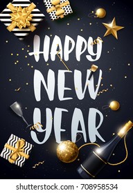 vector illustration of happy new year 2018 gold and black collors place for text christmas balls star champagne glass 2019 2020