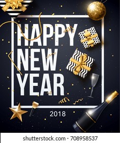 vector illustration of happy new year 2018 gold and black collors place for text christmas balls star champagne glass 2019 2020