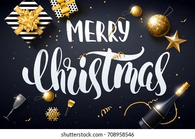 vector illustration of happy new year 2018 gold and black collors place for text christmas balls star champagne glass 2019 2020
