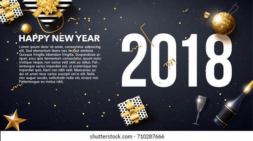 vector illustration of happy new year 2018 gold and black collors place for text christmas balls star champagne glass 2019 2020
