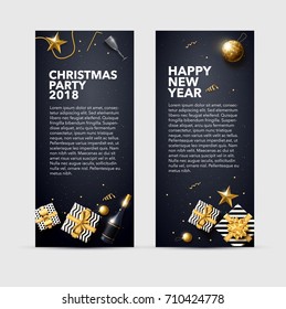 vector illustration of happy new year 2018 gold and black collors place for text christmas balls star champagne glass flayer brochure  2019 2020