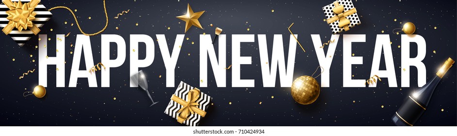 vector illustration of happy new year 2018 gold and black collors place for text christmas balls star champagne glass 2019 2020