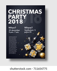 vector illustration of happy new year 2018 gold and black collors place for text christmas balls star champagne glass flayer brochure  2019 2020