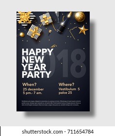 vector illustration of happy new year 2018 gold and black collors place for text christmas balls star champagne glass flayer brochure  2019 2020