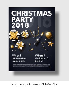 vector illustration of happy new year 2018 gold and black collors place for text christmas balls star champagne glass flayer brochure  2019 2020