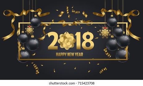 vector illustration of happy new year 2018 gold and black colors place for text christmas balls