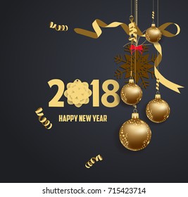 vector illustration of happy new year 2018 gold and black colors place for text christmas balls