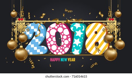 vector illustration of happy new year 2018 wallpaper gold balls and black colorful