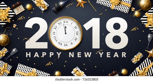 vector illustration of happy new year 2018 gold and black colors place for text christmas balls star champagne glass 2019 2020