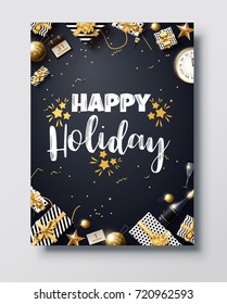 vector illustration of happy new year 2018 gold and black collors place for text christmas balls star champagne glass flayer brochure  2019 2020