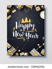 vector illustration of happy new year 2018 gold and black collors place for text christmas balls star champagne glass flayer brochure  2019