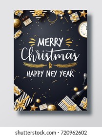 vector illustration of happy new year 2018 gold and black colours place for text christmas balls star champagne glass flayer brochure  2019 2020