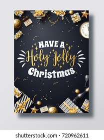 vector illustration of happy new year 2018 gold and black collors place for text christmas balls star champagne glass flayer brochure  2019 2020