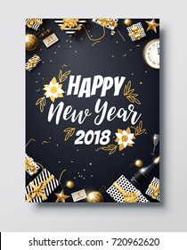 vector illustration of happy new year 2018 gold and black collors place for text christmas balls star champagne glass flayer brochure  2019 2020