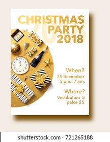 vector illustration of happy new year 2018 gold and black collors place for text christmas balls star champagne glass flayer brochure  2019