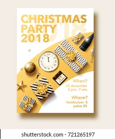 vector illustration of happy new year 2018 gold and black collors place for text christmas balls star champagne glass flayer brochure  2019