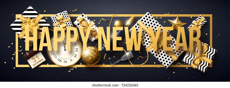 vector illustration of happy new year 2018 gold and black collors place for text christmas balls star champagne glass 2019 2020
