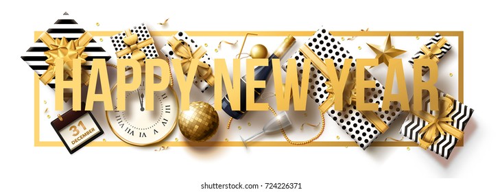 vector illustration of happy new year 2018 gold and black collors place for text christmas balls star champagne glass 2019 2020