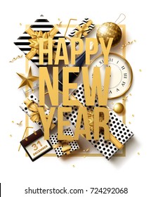 vector illustration of happy new year 2019 gold and black collors place for text christmas balls star champagne glass 2020